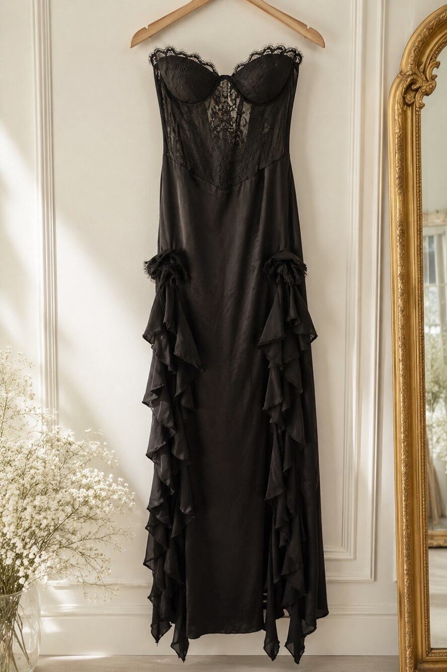 Black Strapless Evening Gown Lace Corset Bodice High Slit Cascade Ruffle 6/8